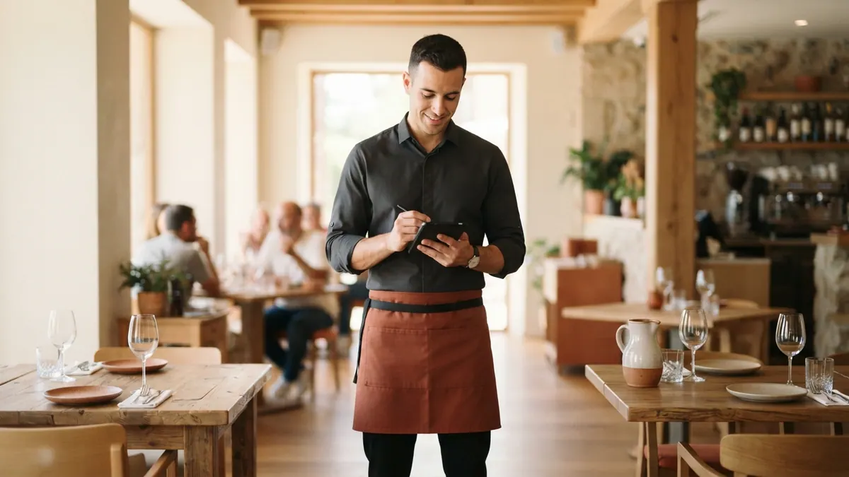 Camarero profesional usando una tablet para tomar una comanda en un restaurante moderno.