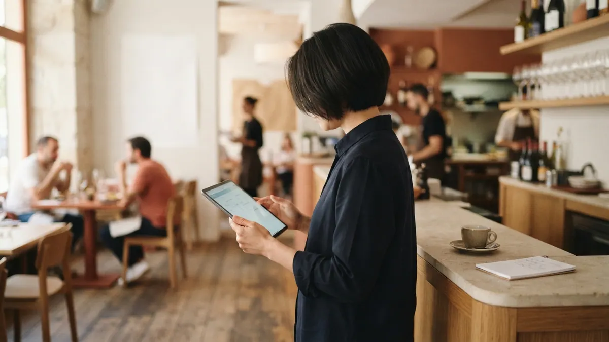Responsable de restaurante gestionando bajas en hostelería con herramientas digitales para mantener el servicio.